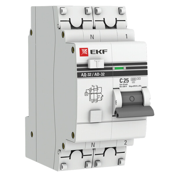 Автомат дифференциальный EKF PROxima АД-32 25А 10 мА 1P+N тип AC 4,5 кА (DA32-25-10-pro)