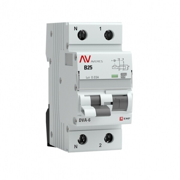 Автомат дифференциальный EKF Averes DVA-6 25А 30 мА 1P+N тип A 6 кА (rcbo6-1pn-25B-30-a-av)