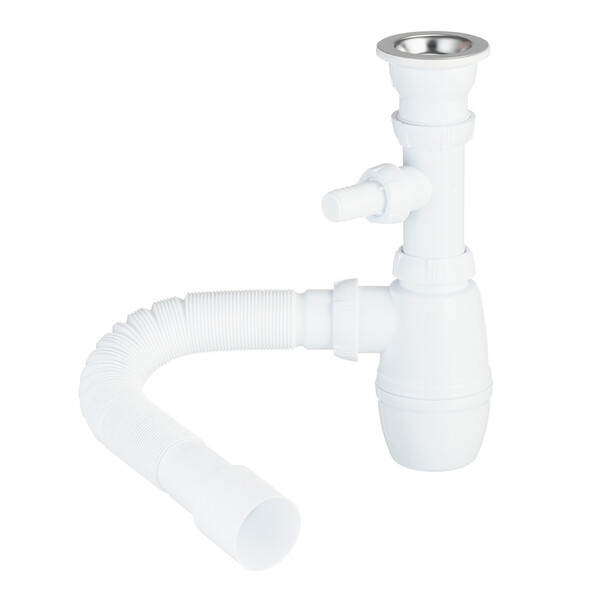 Сифон для мойки WIRQUIN 30718030 1 1/2"х40 мм с выпуском D 70 мм с отводом и гибким соединением