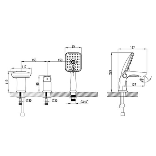 Смеситель на борт ванны Lemark Unit хром с лейкой (LM4545C)