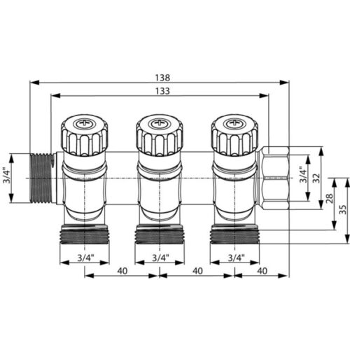 Коллектор Tece 1 ВР(г) х 3 выхода 3/4 НР(ш) ЕК х 1 НР(ш) с запорными вентилями (8730011)